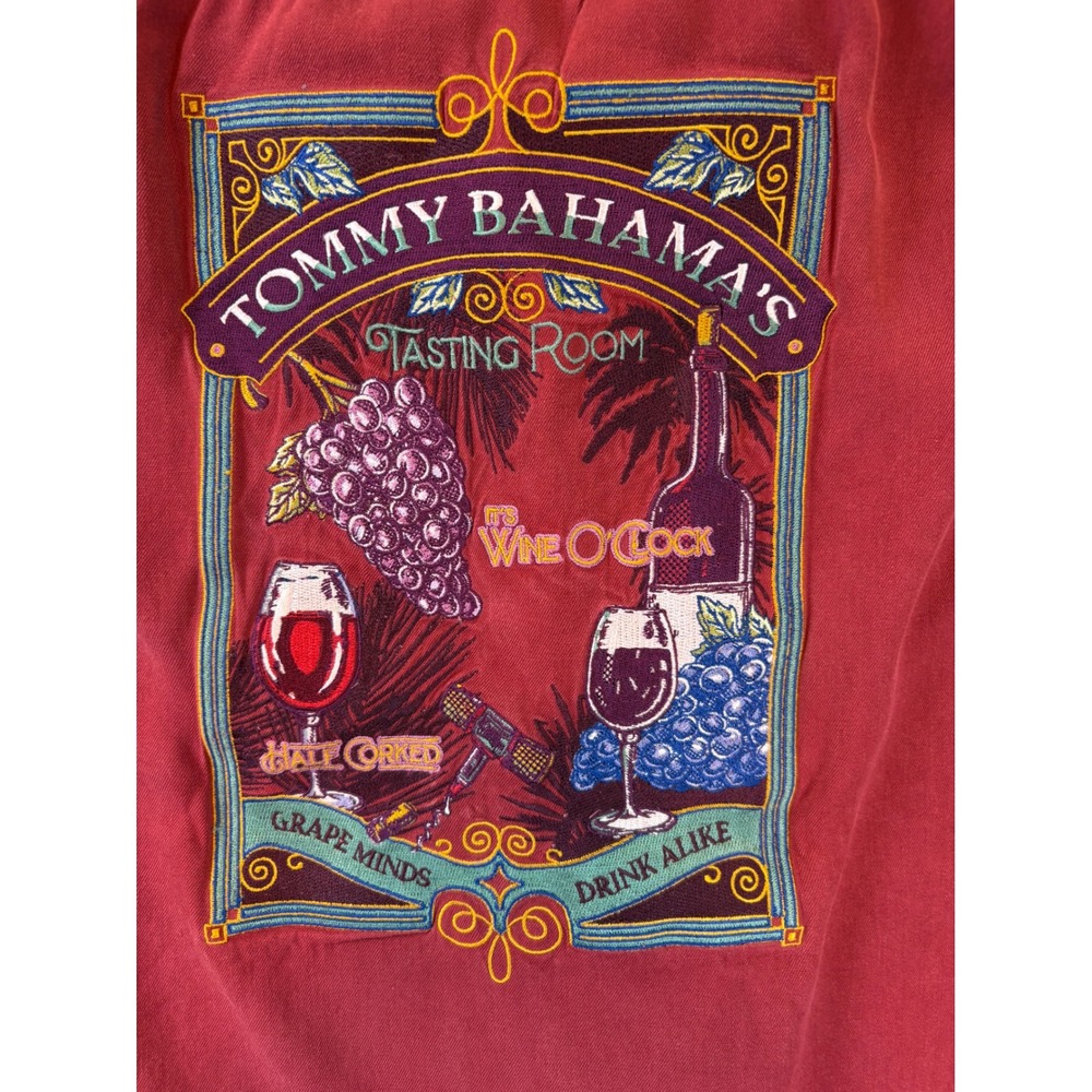 Tommy Bahama Mens Large Silk Camp Shirt Red Wine Tasting Room Embroidered Back